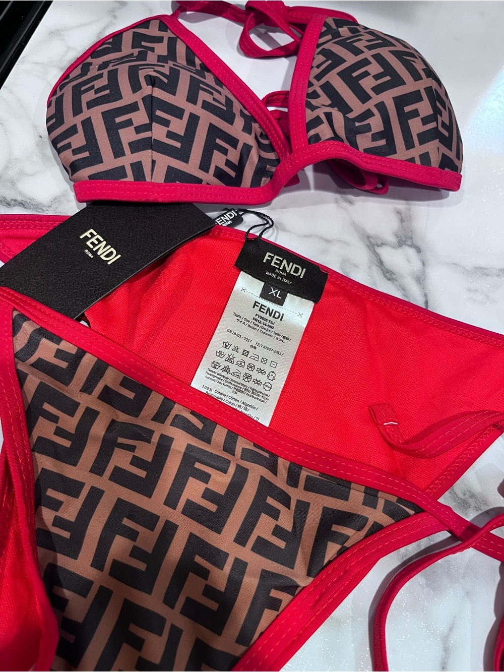 Fendi Red and Brown FF Logo Triangle Bikini Set